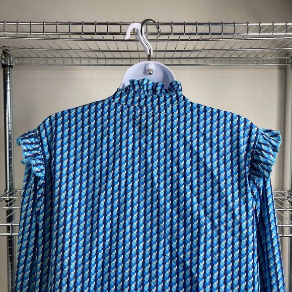The Shirt Rochelle Behrens Blue Print Ruffled Blouse Size M Boho Fairy Victorian - Picture 11 of 12
